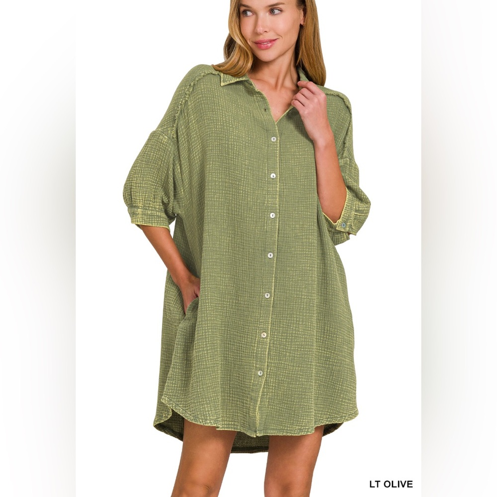 ✨️Zenana, Light Olive Button-Front Shirt Dress with Pocket Detail, Sz. Sm.